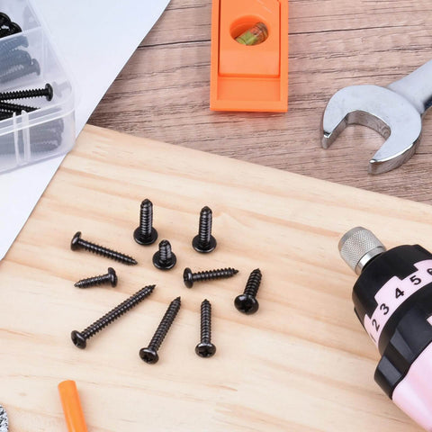 Over Four Hundred Piece Stainless Steel Black Wood Screws Set With Phillips Pan Head Self Tapping Coarse Thread scattered on wood