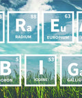 Dream Big Periodic Table And Subatomic Particles Poster against a sky and grass background, featuring elements with names and numbers.