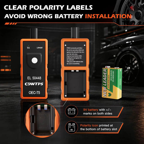 Universal Tpms Relearn Tool For Tire Pressure Sensor Activation For Gm Vehicles Chevy Buick Gmc Cadillac supporting 315Mhz and 433Mhz bands with battery compartment.