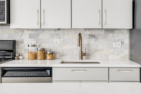 Dope Brushed Nickel Cabinet Handles Set, 7-1/4 Inch Curved Drawer Pulls With 5 Inch Center-To-Center installed on kitchen cabinets
