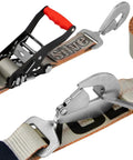 Axle Tie Down Strap Kit With Ratchet And Snap Hooks 2 Inch By 114 Inch Silver Series 4 Pack 3300 Pound Safe Working Load Cordura Wear Pad