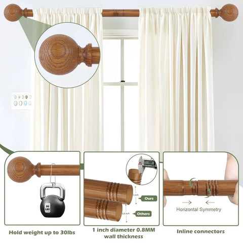 Two Pack Imitation Wood Grain Curtain Rods With Ball Finials, Adjustable 1 Inch Diameter Rails For 28 To 48 Inch Windows, Boho Farmhouse Rustic Style Drapery Rod Set, Heavy Duty Brown, No Fuss Install