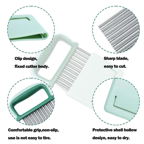 Crinkle cutter with green plastic handle and stainless steel wavy blade; includes protective case.