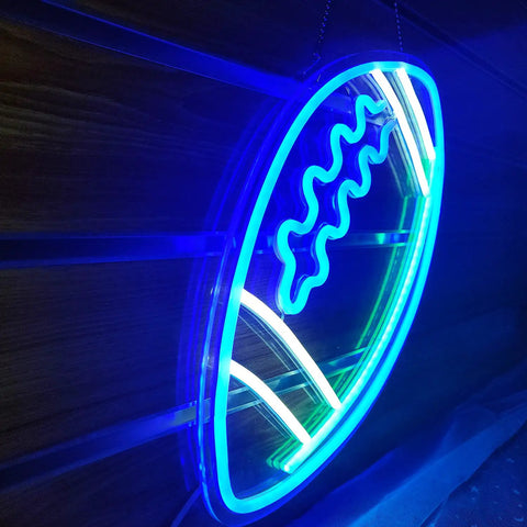 Side view of Blue Football Shape Neon Light Sign LED USB Powered Wall Decor for bedroom, with acrylic backboard, 15x12 inches