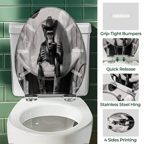 Elongated Resin Toilet Seat For Bathroom with a monkey design, grip-tight bumpers, and stainless steel hinges.