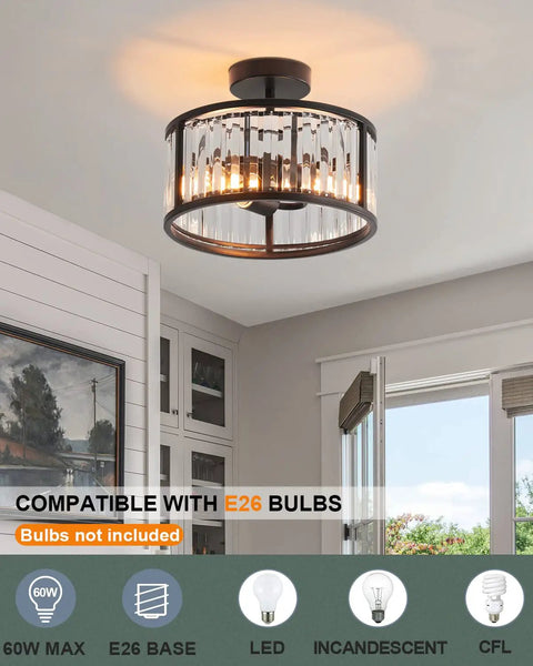 Black Flush Mount Ceiling Light Two Light Crystal Chandelier With Caged Drum Design in elegant room setting