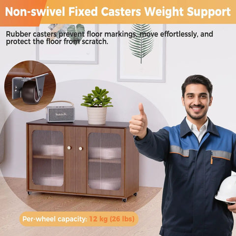 Heavy Duty One Inch Low Profile Side Mount Caster Wheels With Solid Rubber Fixed Rollers For Wooden Furniture Cabinets And Drawers on a wooden cabinet.