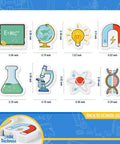 Science Mini Erasers 80 Pack With Eight Pattern Erasers Microscope U Shaped Magnets DNA Molecule Physical Formula displayed with measurements