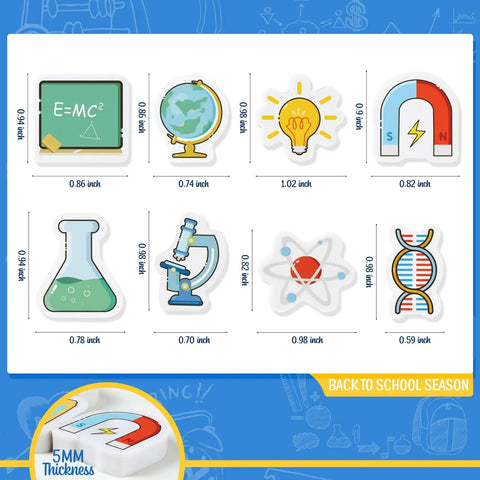 Science Mini Erasers 80 Pack With Eight Pattern Erasers Microscope U Shaped Magnets DNA Molecule Physical Formula displayed with measurements