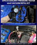 Pro Grade Coolant Pressure Tester And Radiator Vacuum Refill Kit Including 24 Universal Adapters For All Domestic And Import Cars Hella Compatible Auto Cooling Diagnostic Tool with pressure gauge and adapters.