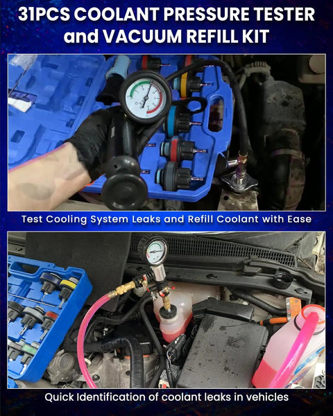 Pro Grade Coolant Pressure Tester And Radiator Vacuum Refill Kit Including 24 Universal Adapters For All Domestic And Import Cars Hella Compatible Auto Cooling Diagnostic Tool with pressure gauge and adapters.