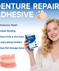 Woman holding Denture Repair Glue Kit 1oz With Instant Bonding Adhesive For Cracks And Loose Teeth Safe Odor Free Bonding