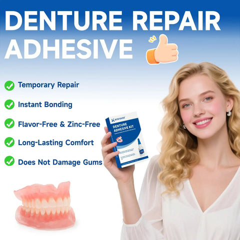 Woman holding Denture Repair Glue Kit 1oz With Instant Bonding Adhesive For Cracks And Loose Teeth Safe Odor Free Bonding