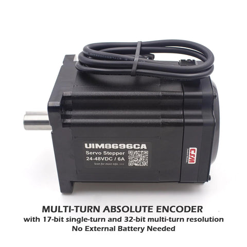 CSM NEMA 34 integrated servo stepper motor with built-in multi-turn encoder, 24–48VDC, 6A, side view