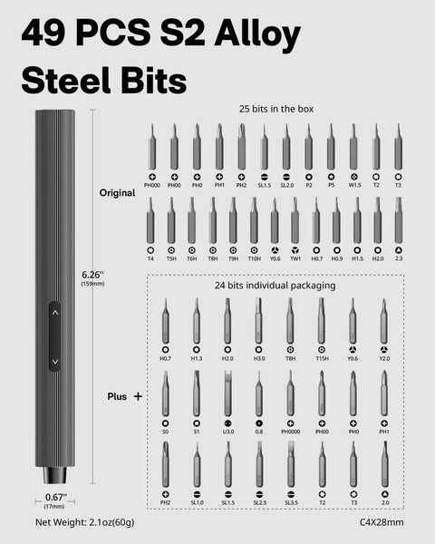Ultra Portable Electric Precision Screwdriver Set With 49 S2 Steel Bits, Magnetic Storage, USB C Rechargeable, display of bits