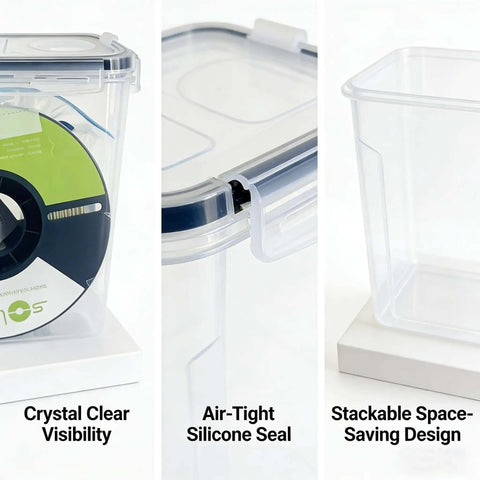 Filament Storage Box 4 Pack 4.0L Waterproof Dust Proof Container showing crystal clear view, silicone seal, stackable design