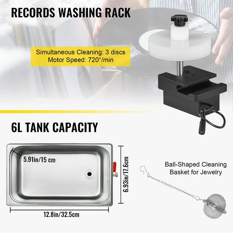Dope Ultrasonic Vinyl Record Cleaner 6L 40kHz with washing rack, tank capacity details, and ball basket for jewelry cleaning