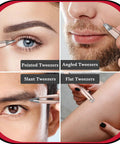 8 In 1 Eyebrow Kit For Women With Case To Elevate Your Brow Game Includes Pointed Flat Slant And Angled Tweezers Trimmer Scissors Razor And Double Sided Brush For Precise Shaping And Daily Facial Hair Cleanup, shown in four tweezers types