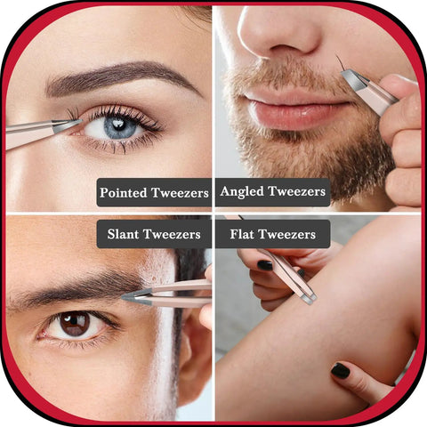8 In 1 Eyebrow Kit For Women With Case To Elevate Your Brow Game Includes Pointed Flat Slant And Angled Tweezers Trimmer Scissors Razor And Double Sided Brush For Precise Shaping And Daily Facial Hair Cleanup, shown in four tweezers types