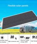 Image of a 1200W Solar Panel Kit With Two 600W Flexible Monocrystalline Panels And Built In Charge Controller For 12 To 48V Battery Charging Campers And Off Grid RV Power Solutions, showing a flexible panel on a camper van in a field.