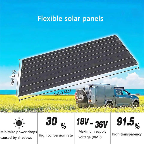 Image of a 1200W Solar Panel Kit With Two 600W Flexible Monocrystalline Panels And Built In Charge Controller For 12 To 48V Battery Charging Campers And Off Grid RV Power Solutions, showing a flexible panel on a camper van in a field.