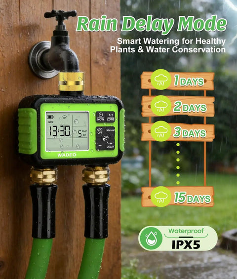 Brass Inlet And Outlet Sprinkler Timer For Garden Hose showing rain delay mode with two zones, IPX5 rating