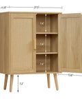 Rattan Style Storage Cabinet With Two Doors And Adjustable Shelves Deep Sideboard For Living Room Dining Room Or Entryway Natural Finish Built For Real Life Organization For Microwave Oven Coffee Maker And Everyday Go To Use, front view showing open door and adjustable shelves, natural rattan style design.
