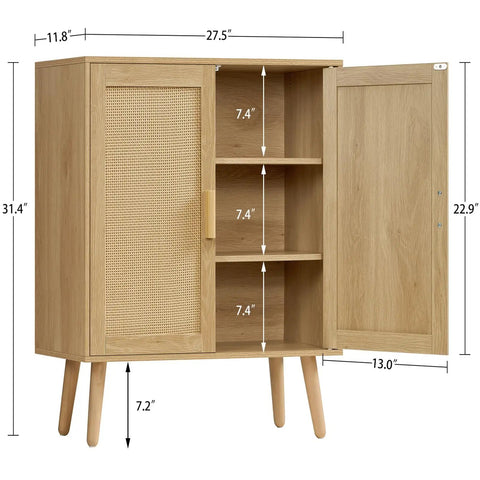 Rattan Style Storage Cabinet With Two Doors And Adjustable Shelves Deep Sideboard For Living Room Dining Room Or Entryway Natural Finish Built For Real Life Organization For Microwave Oven Coffee Maker And Everyday Go To Use, front view showing open door and adjustable shelves, natural rattan style design.