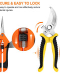 2 Pack Stainless Steel Pruning Shears For Sharp And Smooth Cuts Garden Clippers With Soft Grip Handles, showing secure safety lock