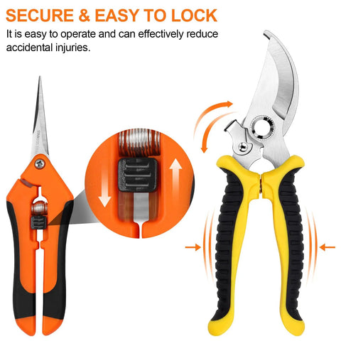 2 Pack Stainless Steel Pruning Shears For Sharp And Smooth Cuts Garden Clippers With Soft Grip Handles, showing secure safety lock
