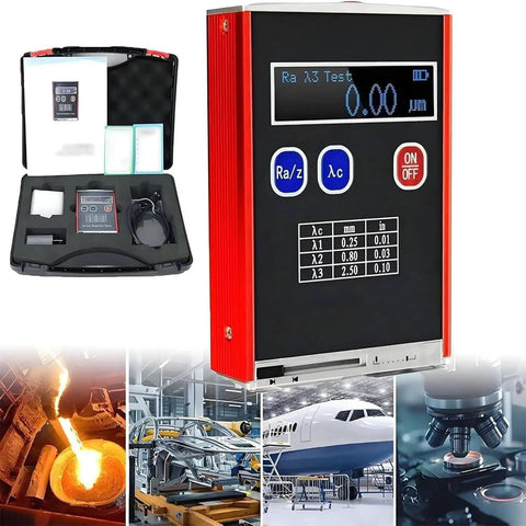 Surface Roughness Tester With LED Display And 0.01 Micron Precision, Portable Profilometer shown with carrying case, used in industrial settings.