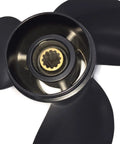Close-up of 3-blade black powdercoated 8.5 Inch Aluminum Propeller For Tohatsu Nissan Outboard Motors 8-9.8 HP with 12 spline hub