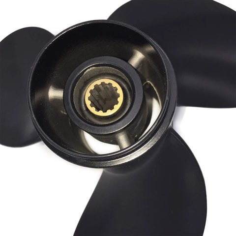 Close-up of 3-blade black powdercoated 8.5 Inch Aluminum Propeller For Tohatsu Nissan Outboard Motors 8-9.8 HP with 12 spline hub