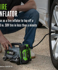 Person using 160 PSI Compact Tire Inflator With High Pressure And High Volume Modes Memory Presets For Four PSI on car tire