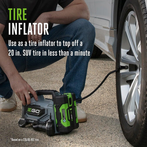 Person using 160 PSI Compact Tire Inflator With High Pressure And High Volume Modes Memory Presets For Four PSI on car tire