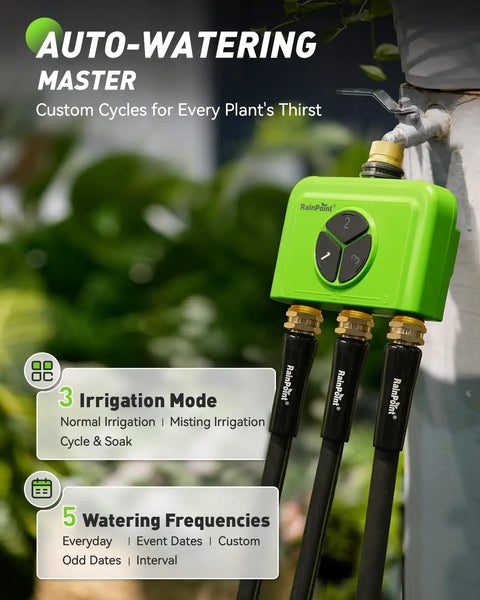 3 Zone WiFi Sprinkler Timer with Smart Gateway Brass Inlet And Outlet, mounted on wall, showcasing irrigation modes and frequencies.