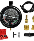 Heavy Duty Auto Fuel Pump And Vacuum Test Gauge Kit with brass fittings and gauge for carburetor diagnostics in muscle cars.