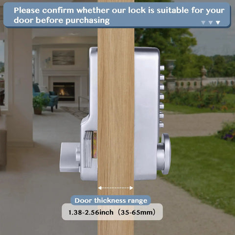 Side view of Mechanical Keyless Entry Front Door Lock With 14 Push Button Keypads Digital Outdoor Deadbolt on a wooden door