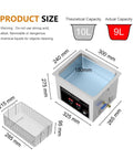 Hualuck 360W Ultrasonic Cleaner Bath With 10L Tank, dimensions and warning about cleaning chemicals shown in product size diagram.