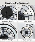 Close-up view showing details of 23 Inch Wall Mounted Fan With Light And Remote App Control, 6 Speeds, Quiet Operation, Dimmable 3 CCT Light