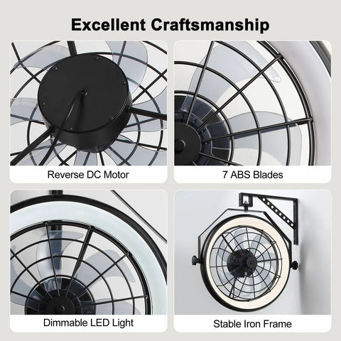 Close-up view showing details of 23 Inch Wall Mounted Fan With Light And Remote App Control, 6 Speeds, Quiet Operation, Dimmable 3 CCT Light