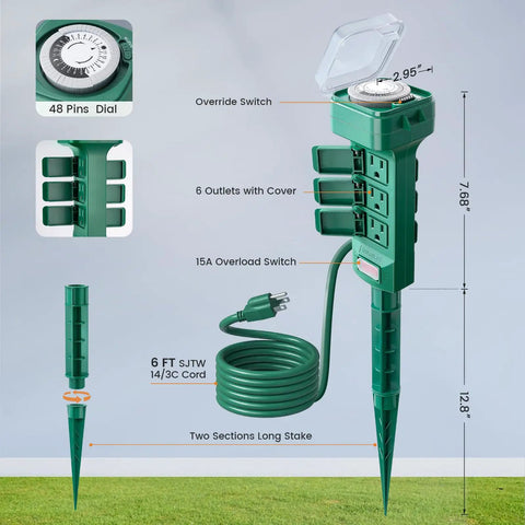 Heavy Duty Outdoor Power Stake Timer With Six Weather Resistant Outlets Mechanical Dial Schedule Keeper For Pond Pumps And Yard Gear showing 6 outlets, green casing, and a 6 ft cord.