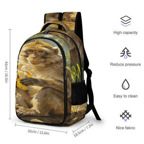 Jungle Monkey Banana Printed Unisex Backpack with large capacity and durable polyester, features a monkey holding banana graphic.