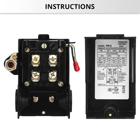 Front and back view of Air Compressor Pressure Switch Control Valve 95 To 125 PSI With 0 To 180 PSI Regulator And Safety Relief Valve 110 To 240V Ready 4 Way Replacement Part For Home Garage Shop Use.