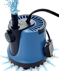 Compact Tiny But Mighty Automatic Submersible Sump Pump 400 GPH 115V with auto shut off, blue housing, side view.