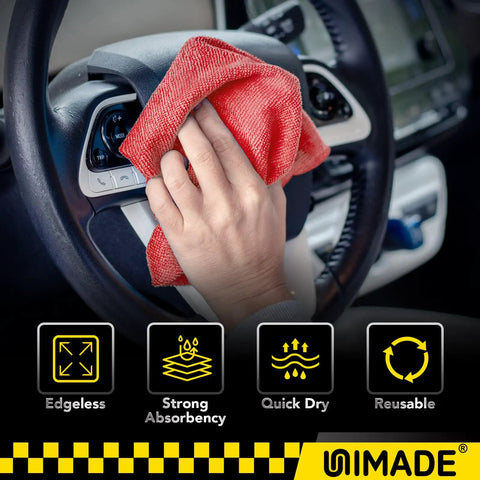 Person using red Bulk 200 Pack Microfiber Shop Towels Rags 11.5 By 11.5 Inches Reusable Cleaning Cloths Lint Free High Absorbency on car interior
