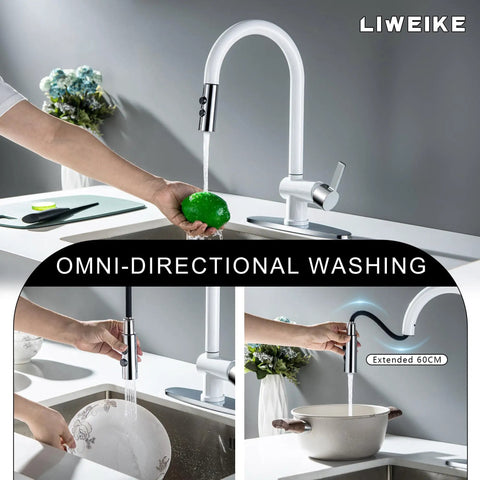 LIWEIKE Utility Sink Faucet White Laundry Sink Faucet with Pull Down Sprayer for 1 or 3 Holes Suits for, Garage, RV, Outdoor, Laundry & Utility in use, extended 60cm sprayer washing lime, dual function.