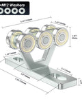 Detailed view of six-wheel trolley assembly for electric hoist with silent rollers and dimensions, compatible with Unistrut channels.