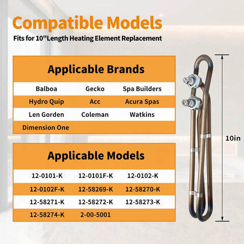 4kW 240V Hot Tub Heater Element Replacement For Balboa Spa And Flo Thru Universal Heating Element Compatible With Gecko Hydro Quip Acura Spas Coleman Watkins Dimension One next to compatibility chart.
