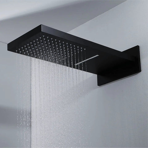 Top Shelf Matte Black Thermostatic Shower System With Zero Drama Heat Regulation Wall Mounted Rainfall Head spouting water.